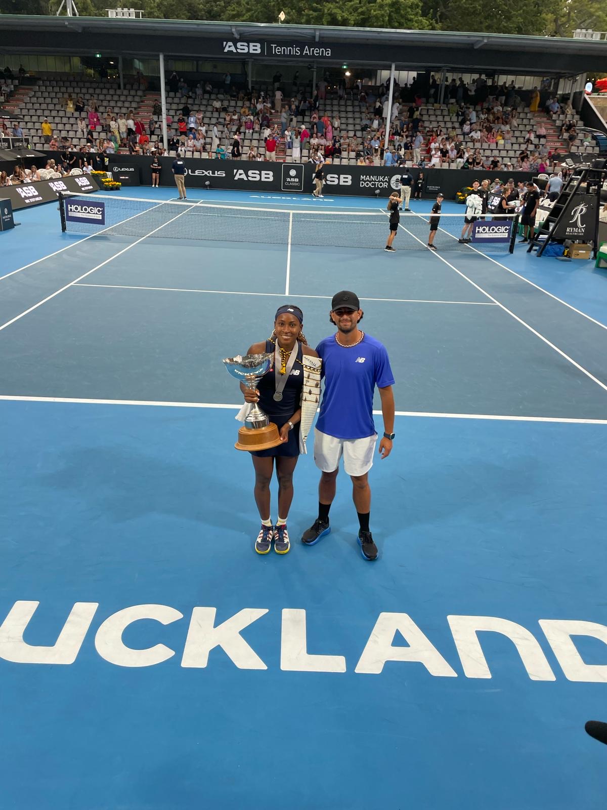 Felipe Ramirez Luna with Coco Gauff after her 2024 Auckland title